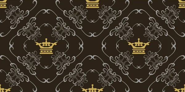 Achtergrond Patroon Victoriaanse Stijl Met Grijze Decoratieve Ornamenten Gouden Kronen — Stockvector