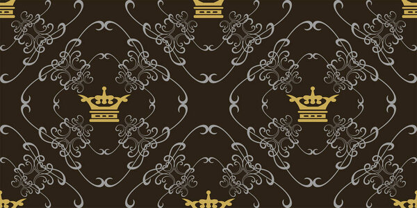 Background pattern in Victorian style with gray decorative ornaments and golden crowns on a black background, wallpaper. Seamless pattern, texture. Vector image