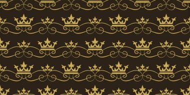 Siyah arka planda kraliyet tacına sahip arka plan deseni, eski tarz duvar kağıdı. Kusursuz desen, doku. Vektör resmi