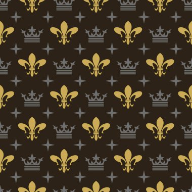 Siyah arka planda güzel süslemeleri olan kraliyet arkaplan deseni, eski duvar kağıdı. Kusursuz desen, doku. Vektör illüstrasyonu