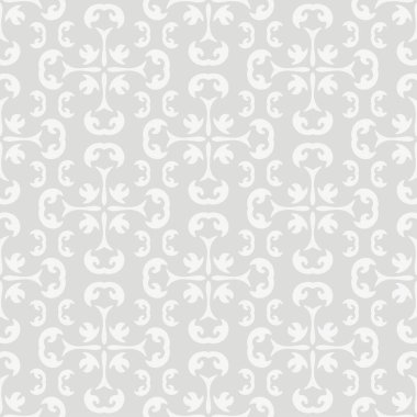 Açık gri arka planda beyaz süslemeli tek renkli arkaplan deseni, duvar kağıdı. Kusursuz desen, doku. Vektör illüstrasyonu