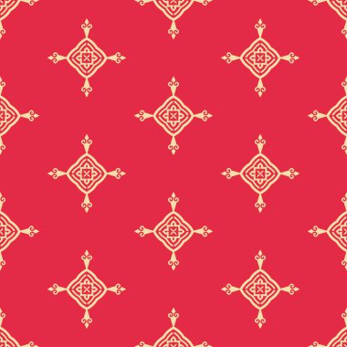 Kırmızı arka planda dekoratif süslemeleri olan şık bir arka plan şekli, duvar kağıdı. Kusursuz desen, doku. Tasarım için vektör illüstrasyonu.