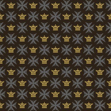 Siyah arka planda dekoratif süslemeleri olan kraliyet arkaplan deseni, duvar kağıdı. Kusursuz desen, doku. Vektör resmi