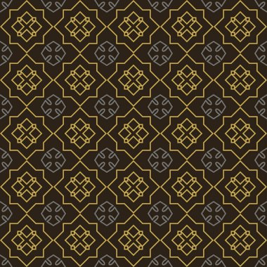 Siyah arka planda modaya uygun dekoratif süslemeleri olan soyut arkaplan kalıpları, duvar kağıtları. Kusursuz desen, doku. Vektör illüstrasyonu