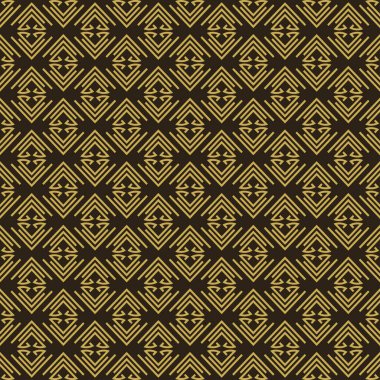 Siyah zemin üzerinde geometrik altın süslemesi olan modern arkaplan deseni, duvar kağıdı. Kusursuz desen, doku. Vektör resmi