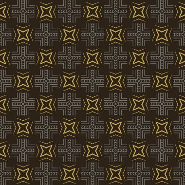 Siyah zemin üzerinde geometrik elementler olan stil arka plan deseni, duvar kağıdı. Kusursuz desen, doku. Vektör illüstrasyonu