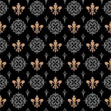 Siyah arka planda çiçek süsü olan kraliyet arkaplan deseni, duvar kağıdı. Kusursuz desen, doku. Vektör resmi