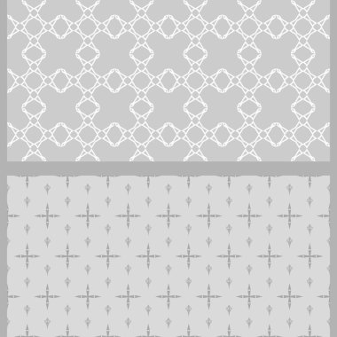 Basit geometrik süslemeli soyut arkaplan desenleri. Hazır ol. Kullanılmış renkler: beyaz, gri, duvar kağıdı. Kusursuz desen, doku. Vektör resmi