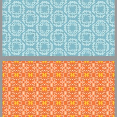 Dekoratif elementlerle soyut arkaplan kalıpları. Hazır ol. Kullanılmış renkler: turuncu, mavi, duvar kağıdı. Kusursuz desen, doku. Vektör illüstrasyonu