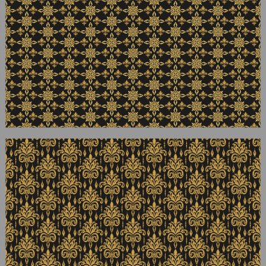 Çiçekli elementlerin arka plan desenleri. Hazır ol. Kitap kapakları, posterler, duvar kağıtları, davetiyeler, kartpostallar için uygun. Kusursuz desen, doku. Kullanılan renkler: siyah, altın