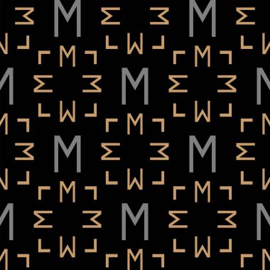 Siyah arkaplanda geometrik ve dekoratif elementlerle soyut arkaplan deseni. Kusursuz desen, doku. Vektör resmi