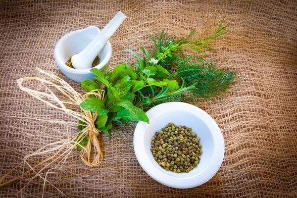 Gemengde kruiden en groene peper — Stockfoto