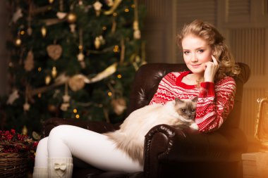 Noel partisi, kedili kadın kış tatili. Yeni yıl kız. 