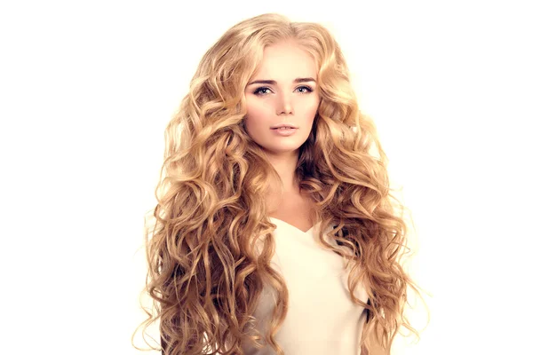 Hosszú hajú szőke hullámok fürtök frizura haj szalon Upd modell — Stock Fotó