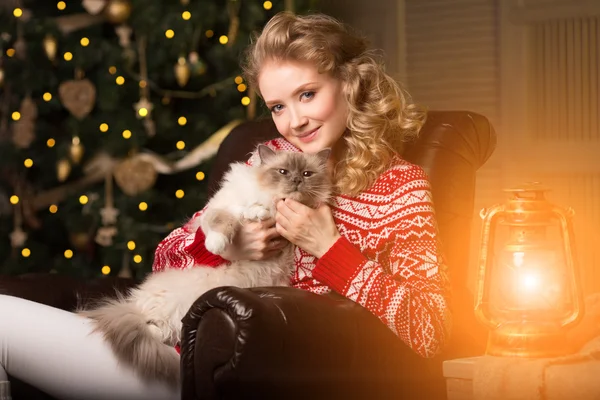 Christmas party, winter holidays woman with cat. New year girl. — Stock Photo, Image