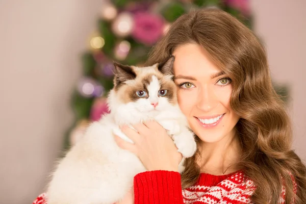 De partij van Kerstmis, winter vakantie vrouw met kat. Nieuwjaar meisje. Kerstboom in interieur achtergrond. — Stockfoto