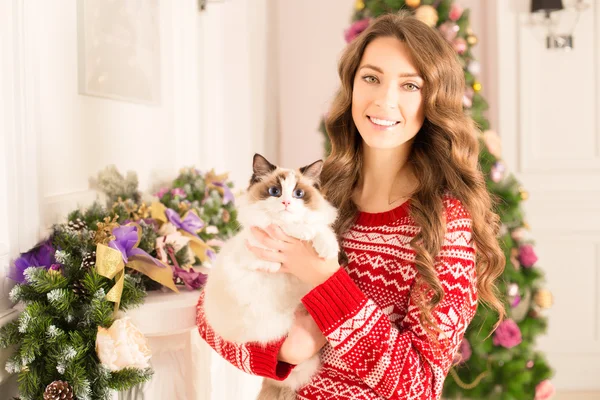 De partij van Kerstmis, winter vakantie vrouw met kat. Nieuwjaar meisje. Kerstboom in interieur achtergrond. — Stockfoto