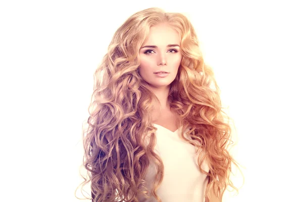 Modelo com cabelo longo Blonde Ondas Curls Penteado Cabeleireiro Upd — Fotografia de Stock