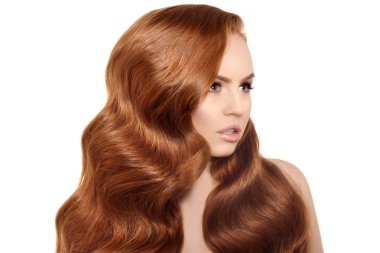 Model with long red hair. Waves Curls Hairstyle. Hair Salon. Upd