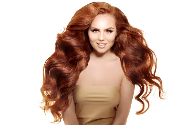 Model with long red hair. Waves Curls Hairstyle. Hair Salon. Upd — Stok fotoğraf