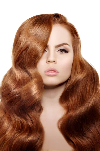 Model with long red hair. Waves Curls Hairstyle. Hair Salon. Upd — стокове фото