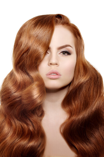 Model with long red hair. Waves Curls Hairstyle. Hair Salon. Upd