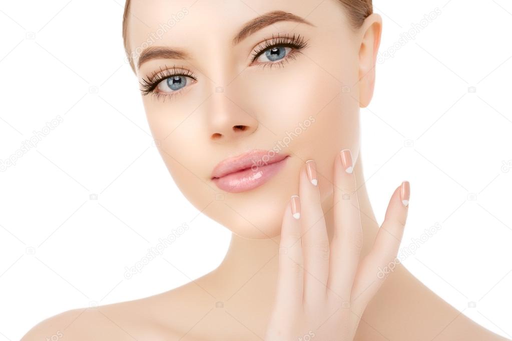 Beautiful Woman Face Close Up Studio On White Beauty Spa Model Stock Photo C Miramiska