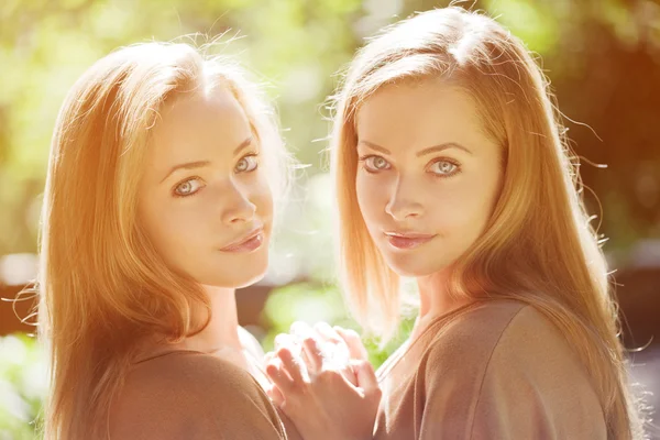 Ikrek. egy csoport fiatal szép lányok. két női arc közeli képe — Stock Fotó