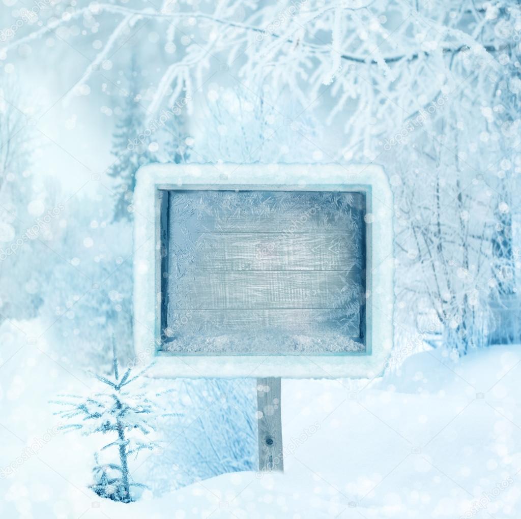 Winter background, scene, landscape. Wooden sign in the winter f