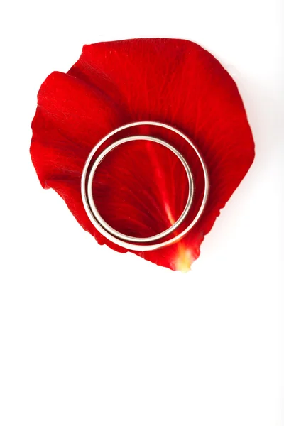 結婚式の招待カードのコンセプト。花弁中の結婚指輪 — ストック写真