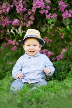 Toddler sitting on the grass in a meadow. A baby on the backgrou