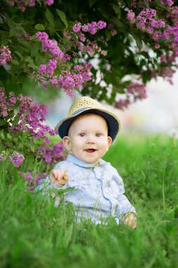 Toddler sitting on the grass in a meadow. A baby on the backgrou
