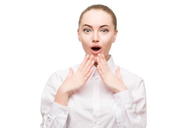 Surprised woman face, big expression eyes beauty girl in busines