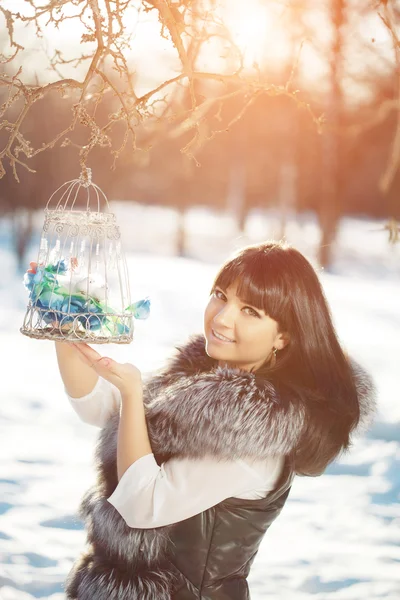 Jovem mulher e pássaros de inverno em uma gaiola Mulher de inverno no backgroun — Fotografia de Stock