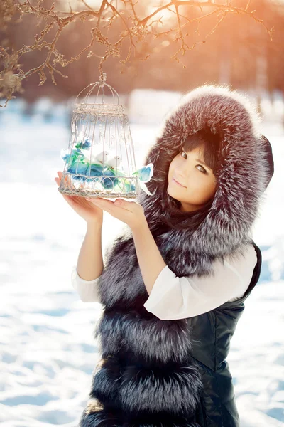 La mujer joven y los pájaros de invierno en la jaula La mujer de invierno en el fondo — Foto de Stock