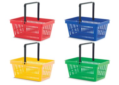 Alışveriş sepeti izole, renkli küme. Vektör çizim