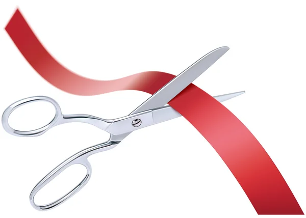 Tijeras cortando cinta roja, aisladas. Ilustración vectorial 3D — Vector de stock