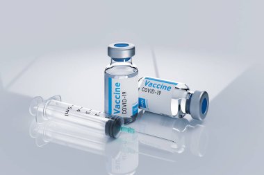 Coronavirus aşısı ve beyaz üzerinde 3D şırınga çizimi.