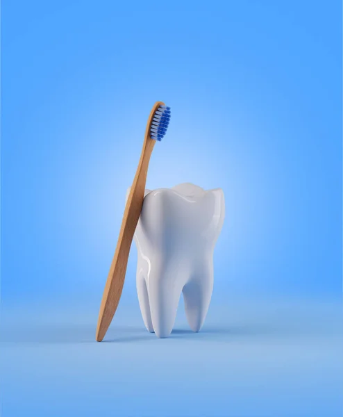 Diente Con Cepillo Dientes Madera Render Ilustración — Foto de Stock