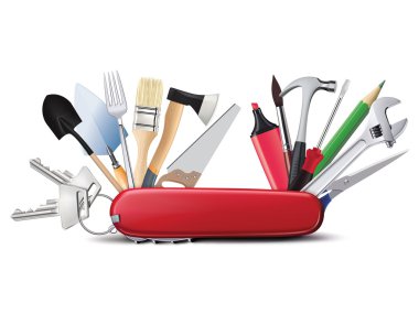 Swiss universal knife with tools. All in one. Creative illustrat clipart
