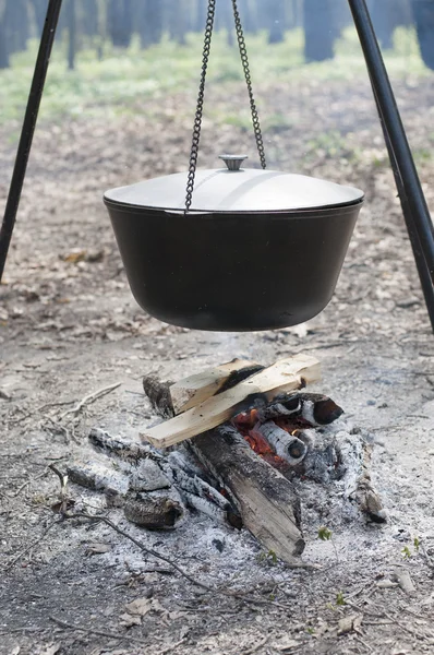 Kampvuur buiten branden met Logboeken en pot — Stockfoto