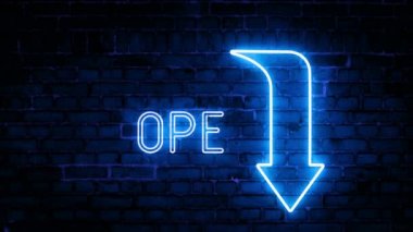 Parlak neon oklar ve duvarda açık bir yazı. Flaşlı işaretler. Gelecekçi lazer geçmişi. Çeşitli sunumlar, haberler, çevrimiçi medya, sosyal medya ve canlı arka planlar yaratmak için kullanılabilir. Döngülü