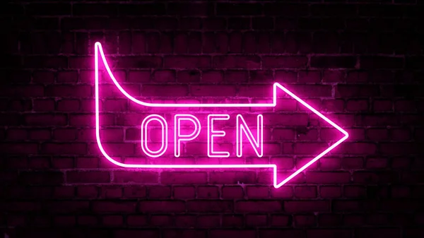 Rendering Glowing Neon Arrows Inscription Open Brick Wall Background Futuristic — Stock Photo, Image