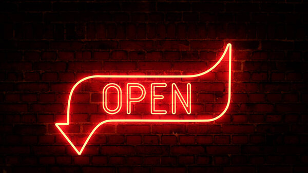 3D rendering of glowing neon arrows with the inscription open on a brick wall background. Futuristic laser background. Can be used to create a variety of presentations, news, online media, social media and vibrant backgrounds