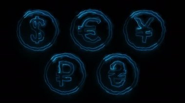 Dynamic glow effects of contours of currencies on a black background. Neon design elements. Futuristic glowing background. Can be used to create a variety of presentations, news, online media, social media and vibrant backgrounds. Looped 
