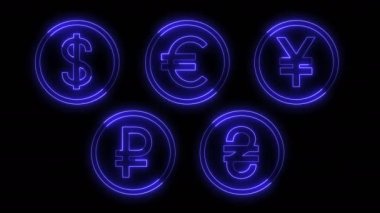 Dynamic glow effects of contours of currencies on a black background. Neon design elements. Futuristic glowing background. Can be used to create a variety of presentations, news, online media, social media and vibrant backgrounds. Looped 