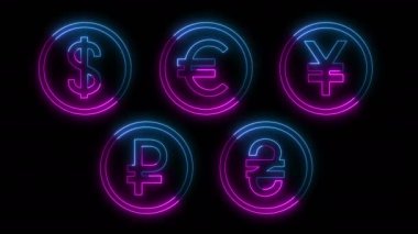 Dynamic glow effects of contours of currencies on a black background. Neon design elements. Futuristic glowing background. Can be used to create a variety of presentations, news, online media, social media and vibrant backgrounds. Looped 