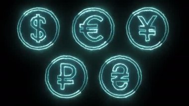 Dynamic glow effects of contours of currencies on a black background. Neon design elements. Futuristic glowing background. Can be used to create a variety of presentations, news, online media, social media and vibrant backgrounds. Looped 