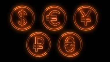 Dynamic glow effects of contours of currencies on a black background. Neon design elements. Futuristic glowing background. Can be used to create a variety of presentations, news, online media, social media and vibrant backgrounds. Looped 