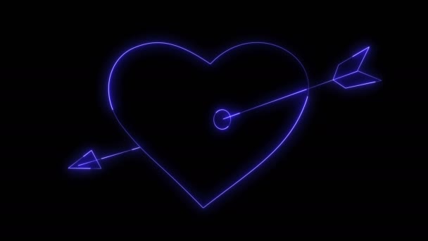 在黑色背景上 被爱神之箭刺穿的心脏轮廓的动态光芒的影响 中子的设计元素 可用于创建各种演示 在线媒体 社交媒体和充满活力的背景 — 图库视频影像